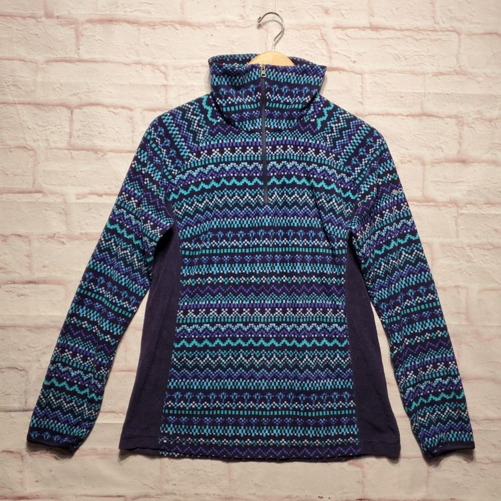 Columbia Fleece Sweater Womens Large Purple Blue Nordic‎ Fair Isle Winter Layer